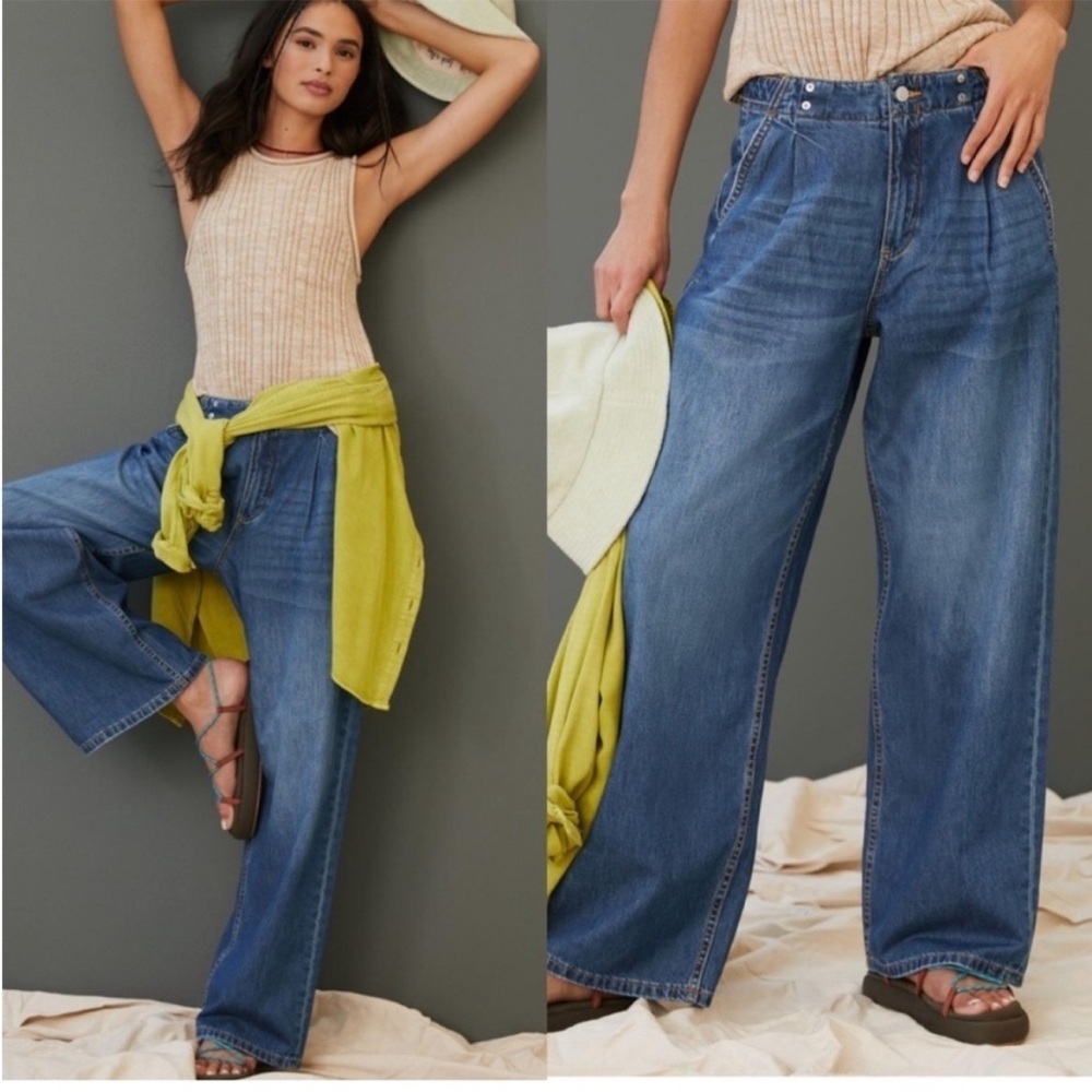 Anthropologie Pilcro The Pleated Baggy High Rise Jeans Wide Leg 29 Dark Wash